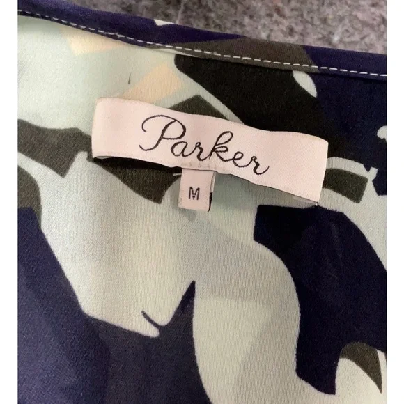 Parker Navy and Light Blue 100% silk Floral Cold-Shoulder Midi Dress - Picture 7 of 8